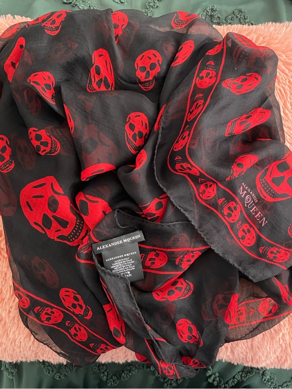 Alexander McQueen Black Silk Scarf with Red Skull Print